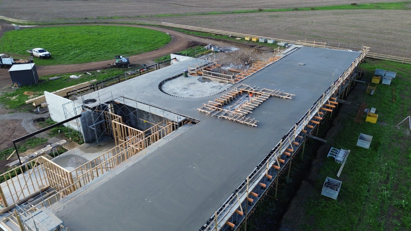 Aerial view of a large-scale Barwon Concrete slab and structural build on site